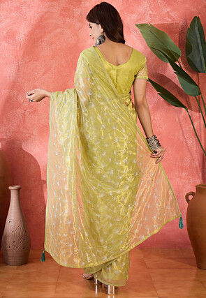 Embroidered Super Net Saree in Light Green