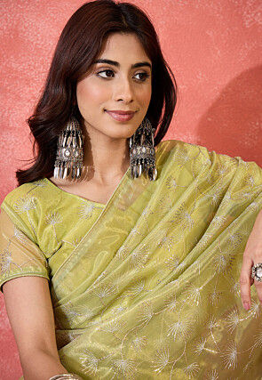 Embroidered Super Net Saree in Light Green