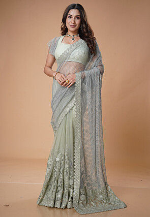 Embroidered Net Saree in Light Green