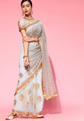Embroidered Net Saree in Light Grey