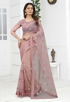 Embroidered Net Saree in Light Old Rose