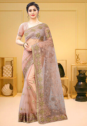 Embroidered Net Saree in Light Old Rose