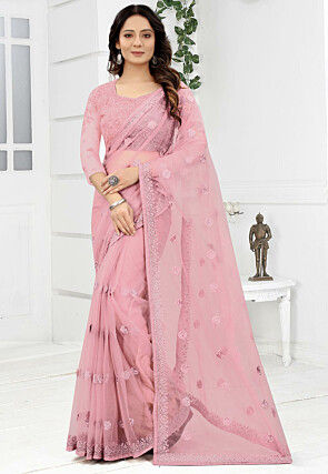 Embroidered Net Saree in Light Pink