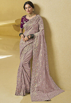 Embroidered Net Saree in Light Purple