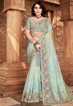 Embroidered Net Saree in Light Sea Green