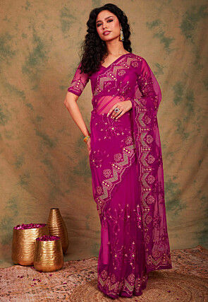 Embroidered Net Saree in Magenta