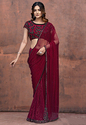 Embroidered Net Saree in Maroon