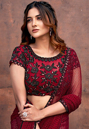 Embroidered Net Saree in Maroon