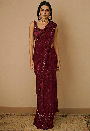 Embroidered Net Saree in Maroon