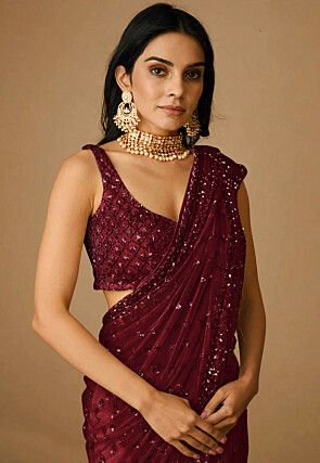 Embroidered Net Saree in Maroon