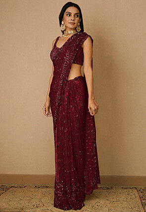 Embroidered Net Saree in Maroon