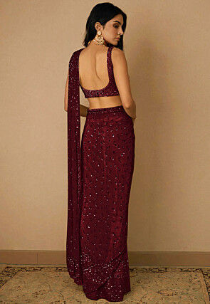 Embroidered Net Saree in Maroon