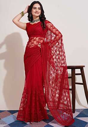 Red and black net saree on sale