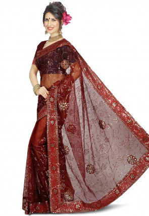 Embroidered Net Saree in Maroon