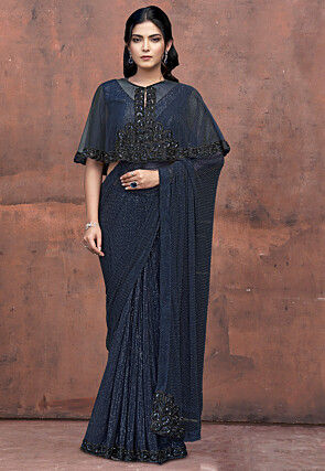 Embroidered Net Saree in Navy Blue
