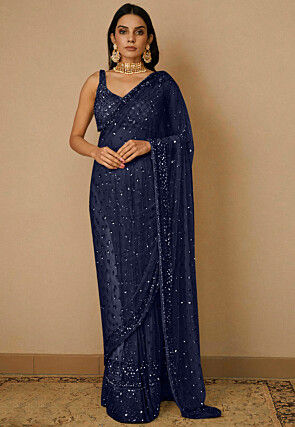 Embroidered Net Saree in Navy Blue