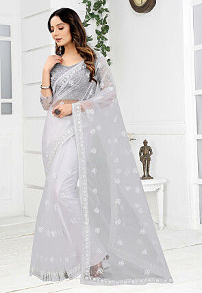 Embroidered Net Saree in Off White