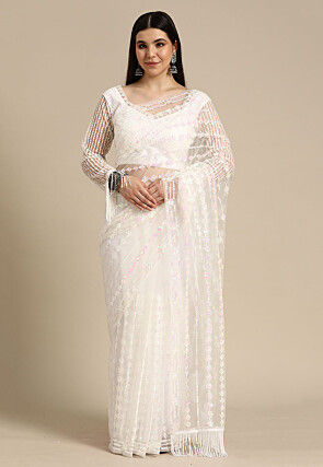Embroidered Net Saree in Off White