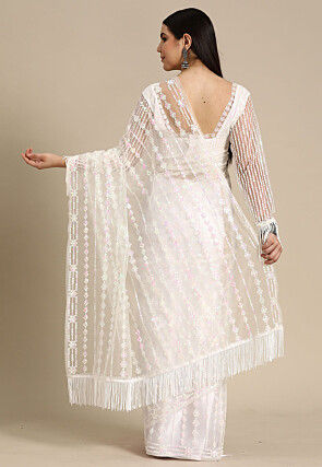 Embroidered Net Saree in Off White