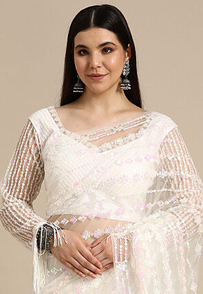Embroidered Net Saree in Off White