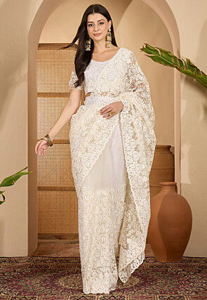 Embroidered Net Saree in Off White