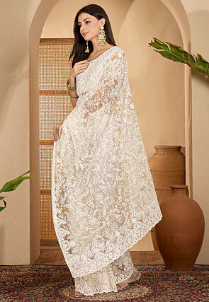 Embroidered Net Saree in Off White