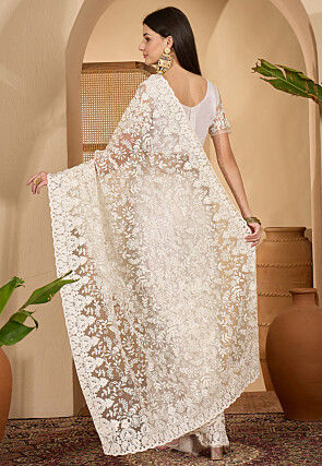 Embroidered Net Saree in Off White