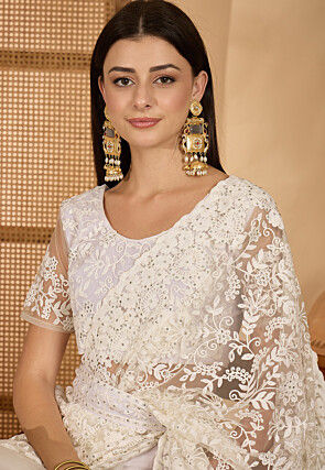 Embroidered Net Saree in Off White