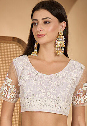 Embroidered Net Saree in Off White