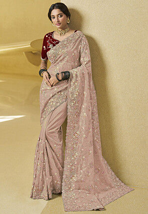 Embroidered Net Saree in Old Rose