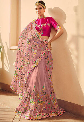 Pink Colour Chinon Silk With 3d Shaded Colours Saree With