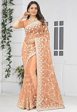 Embroidered Net Saree in Orange