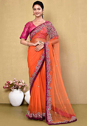 Embroidered Net Saree in Orange