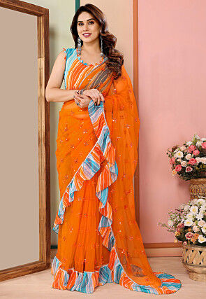 Embroidered Net Saree in Orange