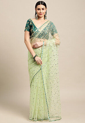 Embroidered Net Saree in Pastel Green