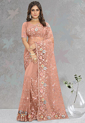 Embroidered Net Saree in Peach