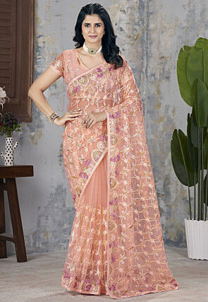 Embroidered Net Saree in Peach