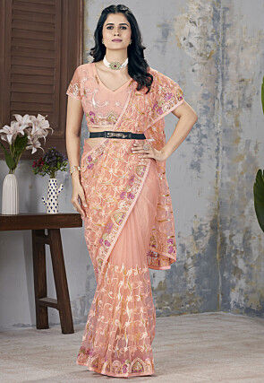 Embroidered Net Saree in Peach