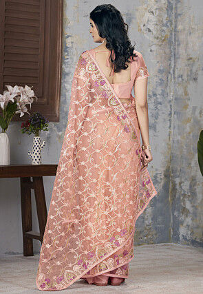 Embroidered Net Saree in Peach