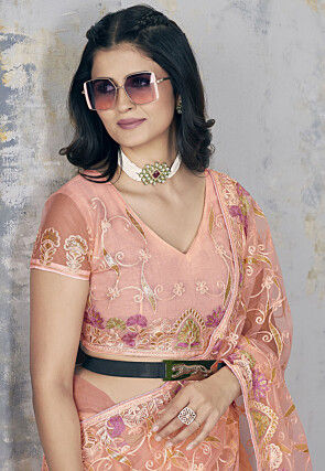 Embroidered Net Saree in Peach