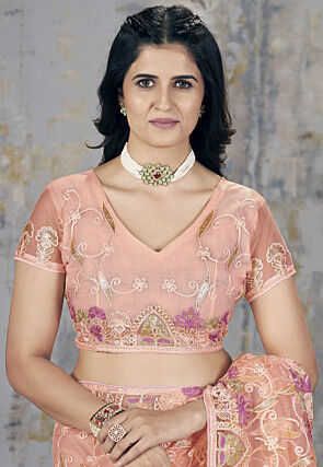Embroidered Net Saree in Peach