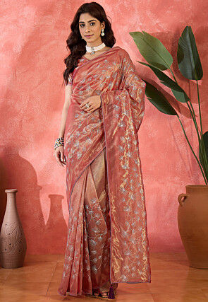 Embroidered Super Net Saree in Peach