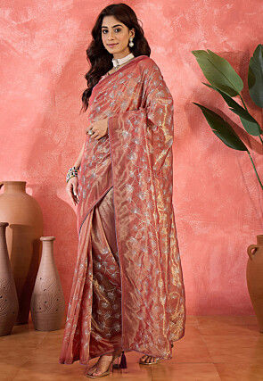Embroidered Super Net Saree in Peach