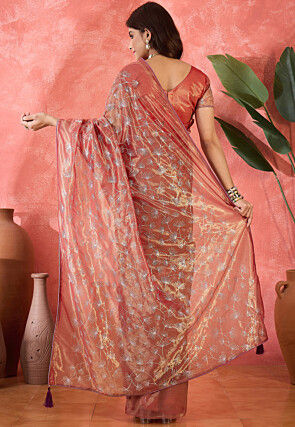 Embroidered Super Net Saree in Peach
