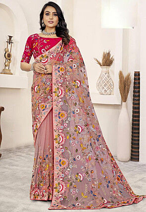 Embroidered Net Saree in Peach