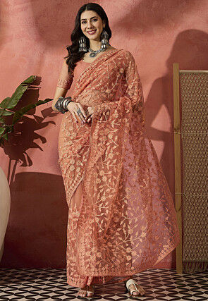 Embroidered Net Saree in Peach