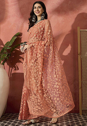 Embroidered Net Saree in Peach