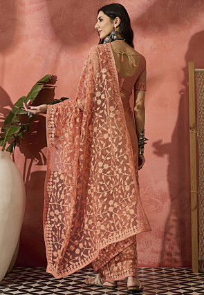 Embroidered Net Saree in Peach