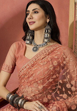 Embroidered Net Saree in Peach