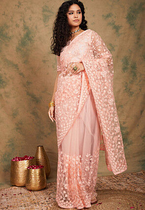 Embroidered Net Saree in Peach